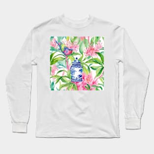 Bird, flowers, and blue and white chinoiserie jar Long Sleeve T-Shirt